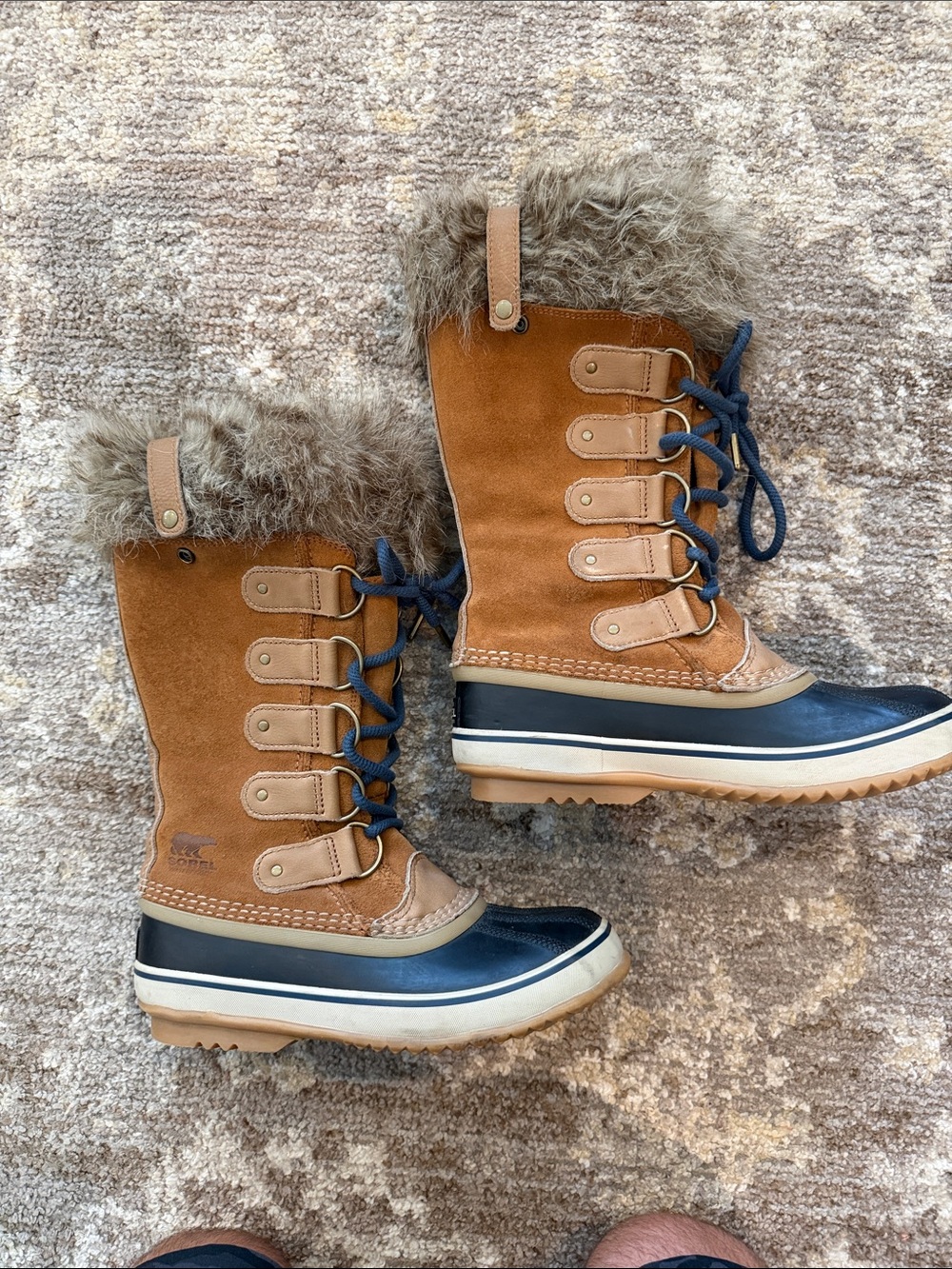 Sorel Tan and Navy Fur-Trim Lace-Up Winter Boots